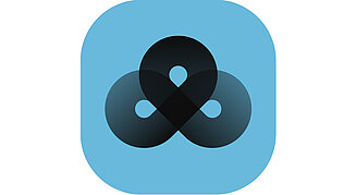 Icon von Software Leica Geo Cloud Drive. Blaues Quadrat mit abgerundeten Ecken, geschwungene schwarzes Objekt.