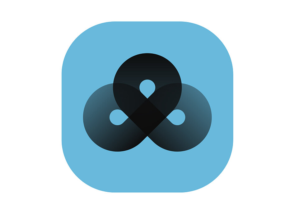 Icon von Software Leica Geo Cloud Drive. Blaues Quadrat mit abgerundeten Ecken, geschwungene schwarzes Objekt.