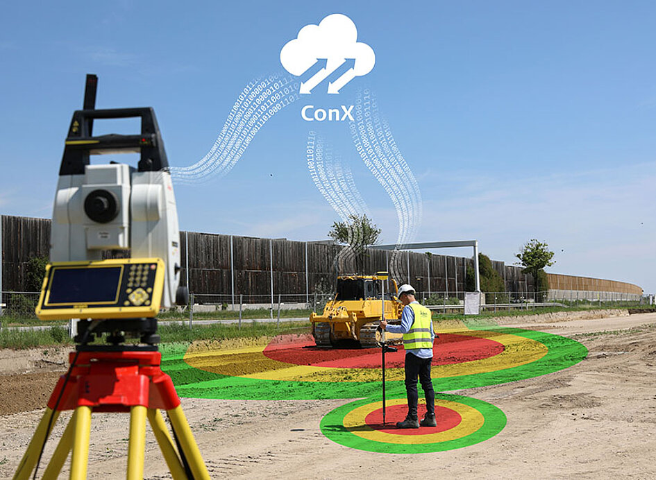 Softwarelösunge für Hochbau ConX von Leica. Vermessungsgeräte im Einsatz mit grafischer Erklärung.