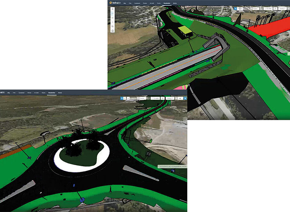 Zeigt zwei Screenshots von der Software Infrakit für den Tiefbau. Ein Straßenkreisverkehr und ein Tunnel.