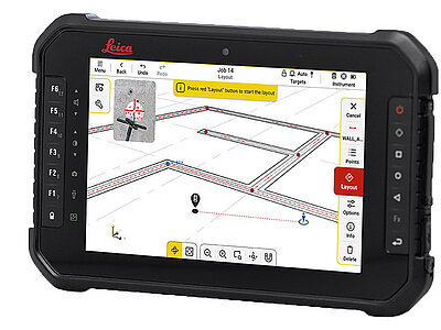 Produktbild eines Leica iCON SCX8 Displays mit entsprechender Software am Bildschirm