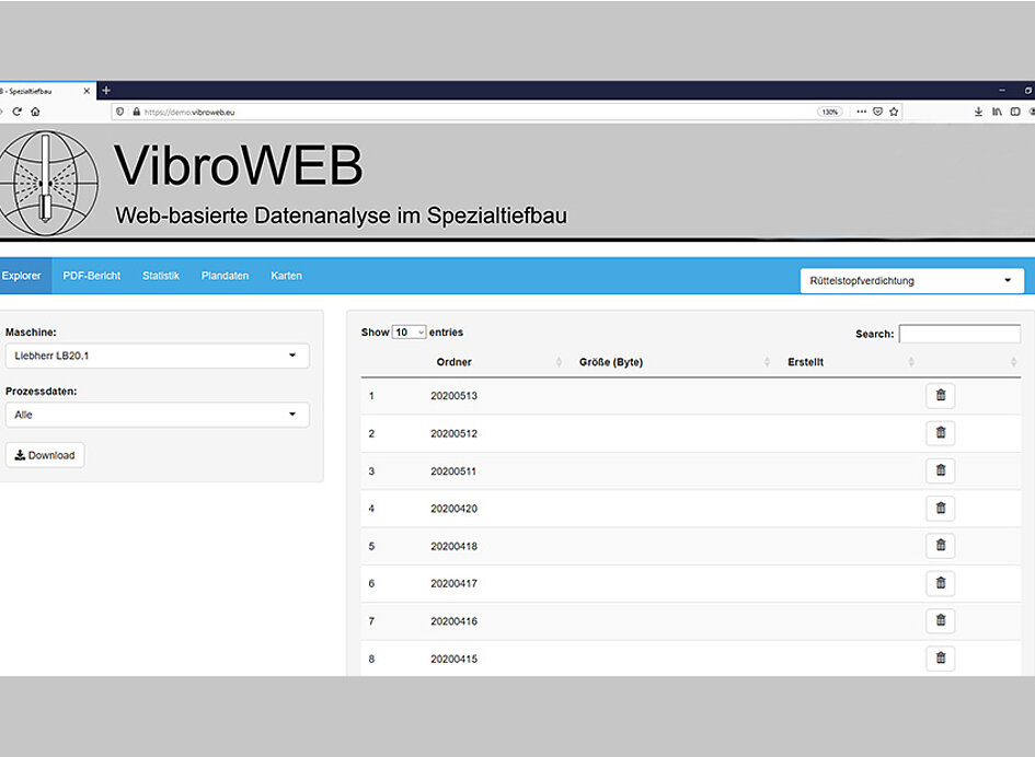 Bildschirmansicht von VibroWEB der Datenübertragungssoftware für den Spezialtiefbau