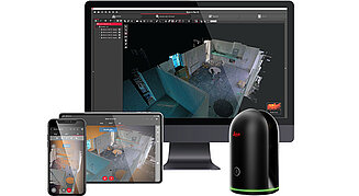 Produktbild BLK360 von Leica. Bildschirme zeigen vermessene Räume.