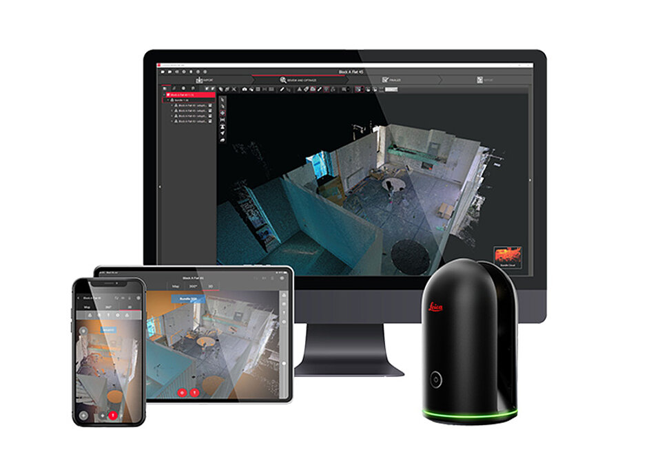 Produktbild BLK360 von Leica. Bildschirme zeigen vermessene Räume.
