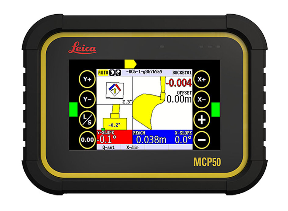 Leica Display für die 2D-Maschinensteuerung für Bagger. Display eingeschaltet zeigt Beispielgrafik