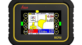 Leica Display für die 2D-Maschinensteuerung für Bagger. Display eingeschaltet zeigt Beispielgrafik