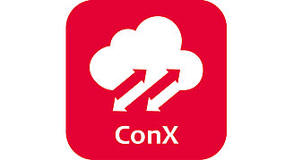 Icon von Software ConX. Rotes Quadrat mit abgerundet Ecken, weiße Wolke drauf.
