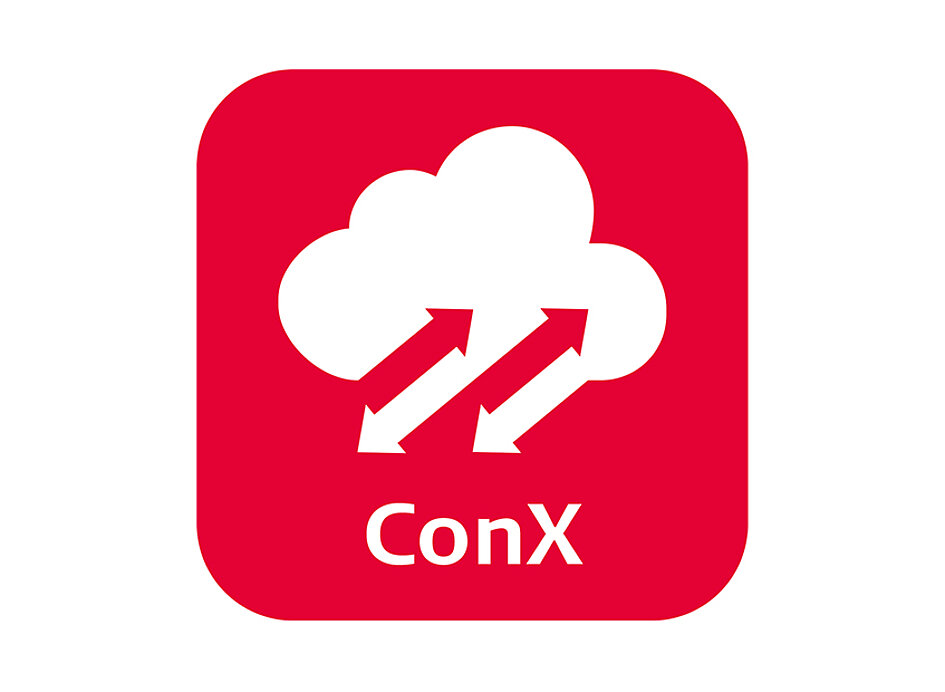 Icon von Software ConX. Rotes Quadrat mit abgerundet Ecken, weiße Wolke drauf.